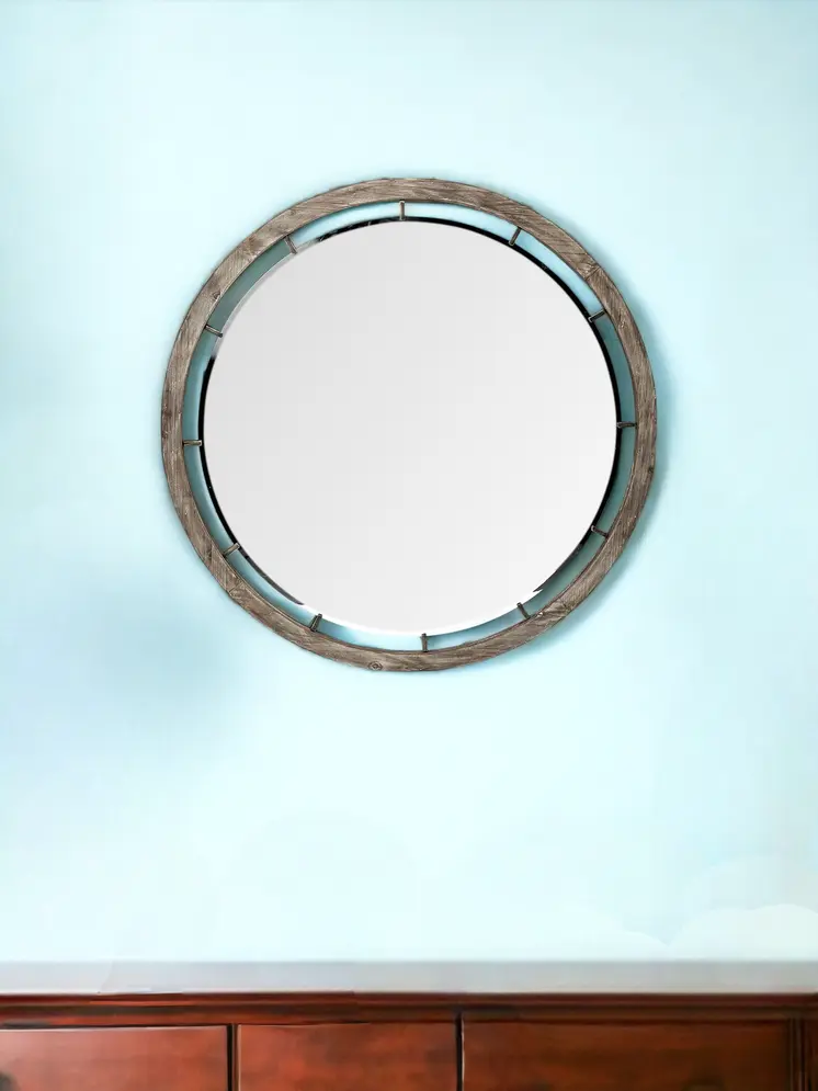 46" Brown Round Wood Framed Accent Mirror