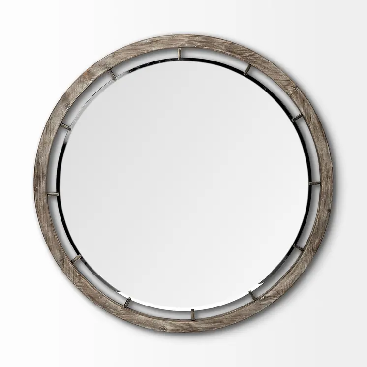 46" Brown Round Wood Framed Accent Mirror