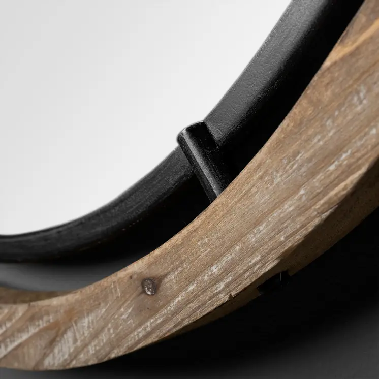 19" Brown And Black Metal And Wood Round Framed Accent Mirror