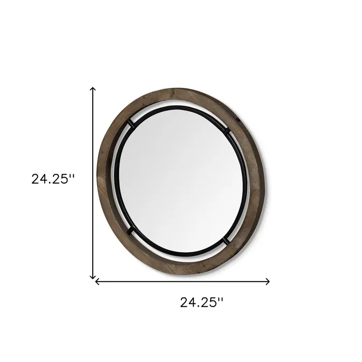 24" Brown And Black Round Metal And Wood Framed Accent Mirror