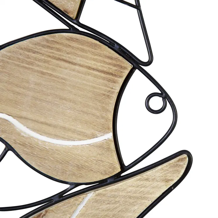 34" X 12" Natural and Black Fish Wood and Metal Hanging Dimensional Sculpture