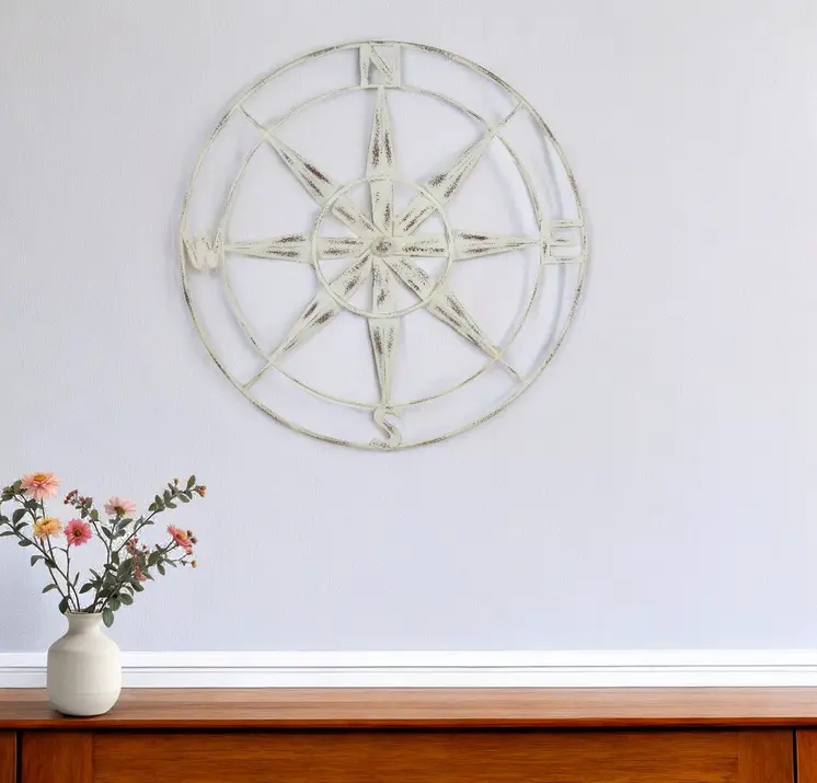 Nautical Compass Metal Wall Decor With Distressed White Finish