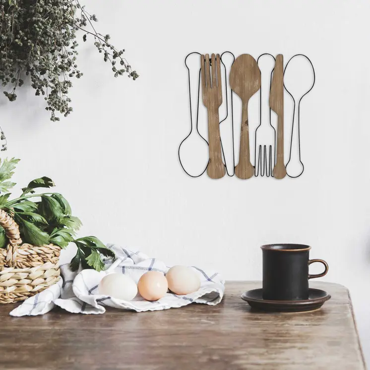 Kitchen Utensils Wall Decor With Metal Outlines