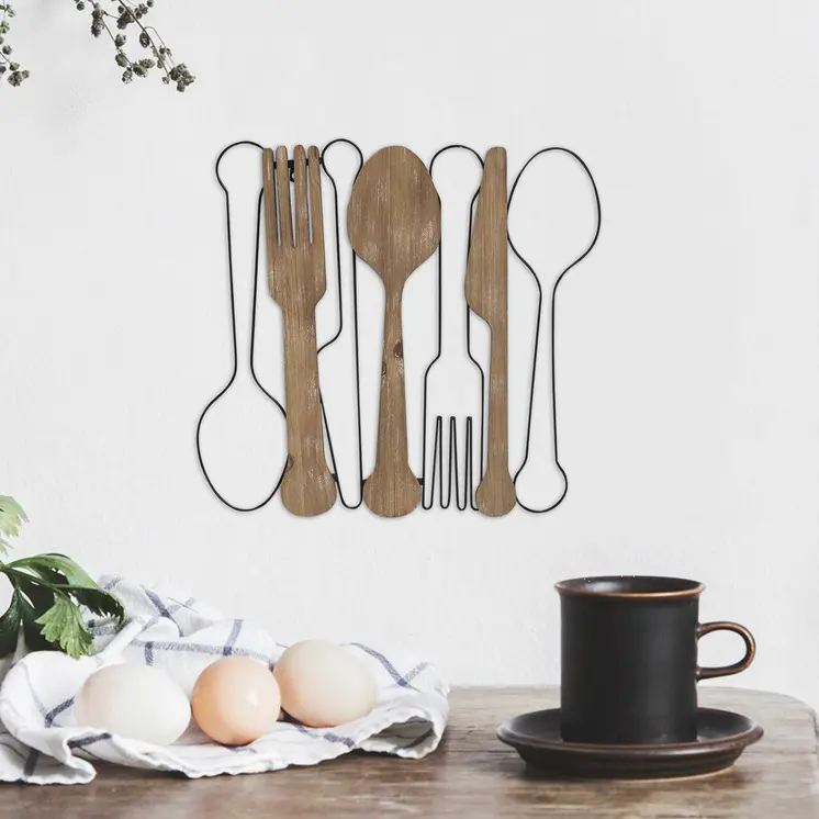 Kitchen Utensils Wall Decor With Metal Outlines