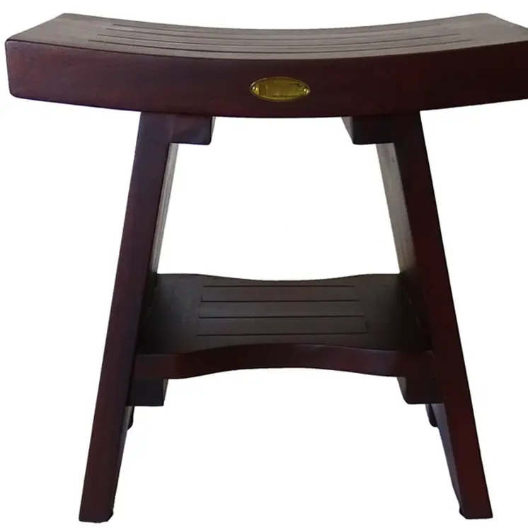 Compact Curviliniear Teak Shower Outdoor Bench With Shelf In Brown Finish