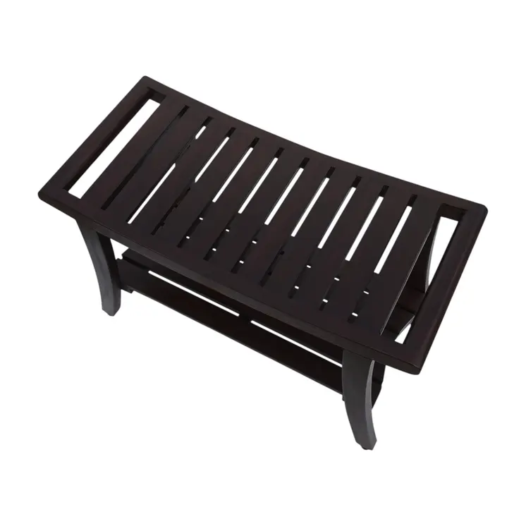 30" Dark Brown Teak Rectangular Shower Bench With Shelf