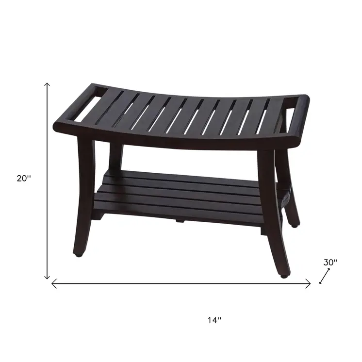 30" Dark Brown Teak Rectangular Shower Bench With Shelf