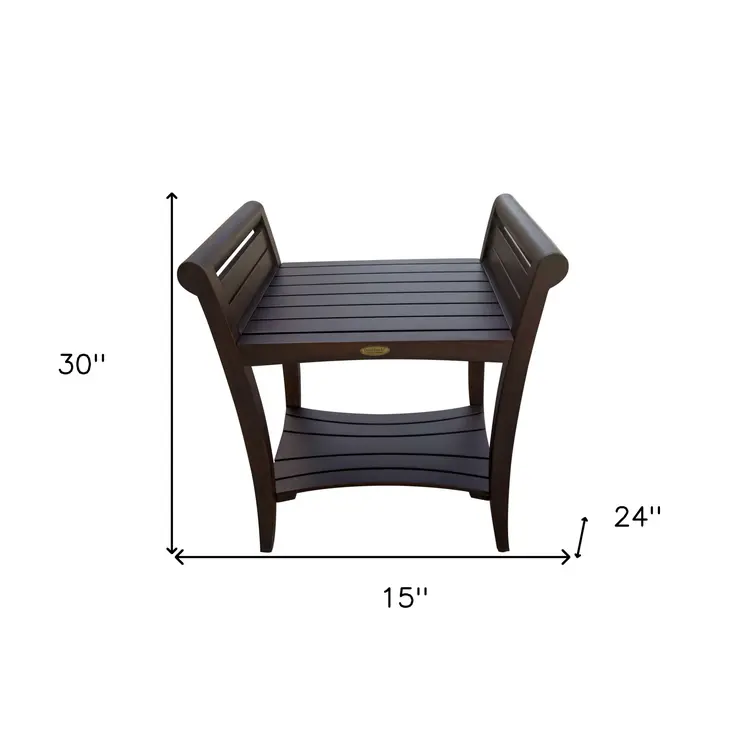 Rectangular Teak Shower Bench With Shelf And Handles In Brown Finish
