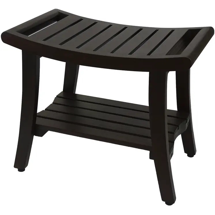 24" Dark Brown Freestanding Teak Shower Bench With Shelf And Handles