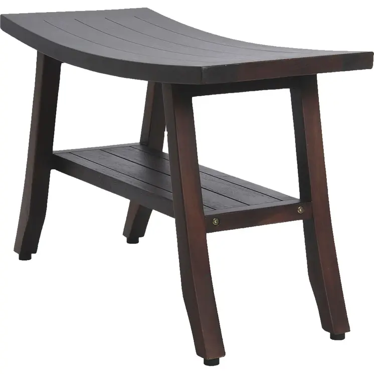 28" Dark Brown Teak Rectangular Shower Bench With Shelf