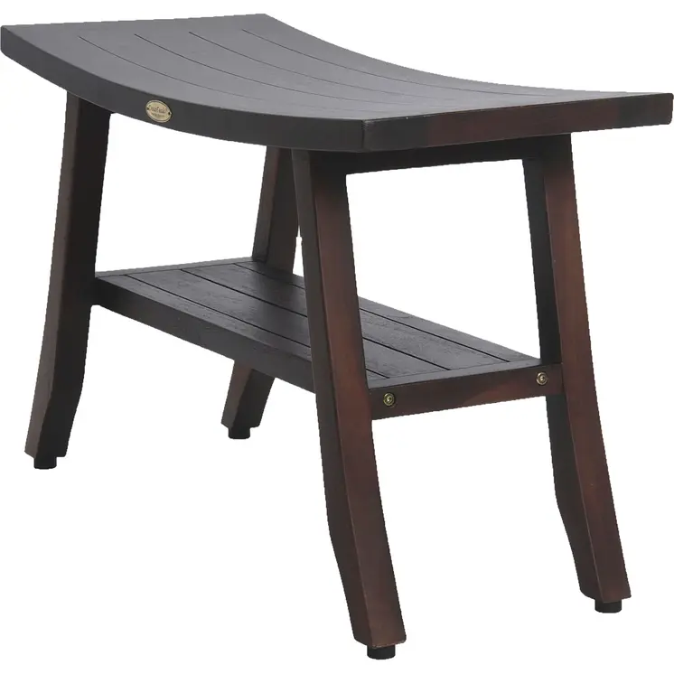28" Dark Brown Teak Rectangular Shower Bench With Shelf