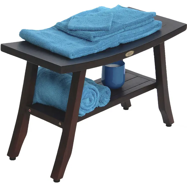 28" Dark Brown Teak Rectangular Shower Bench With Shelf