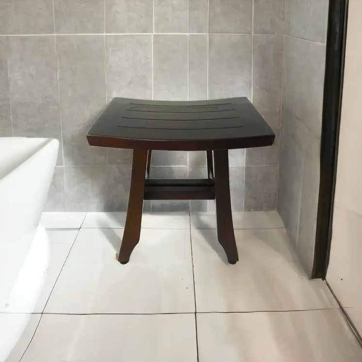 Compact Curvilinear Teak Shower Or Outdoor Bench In Brown Finish