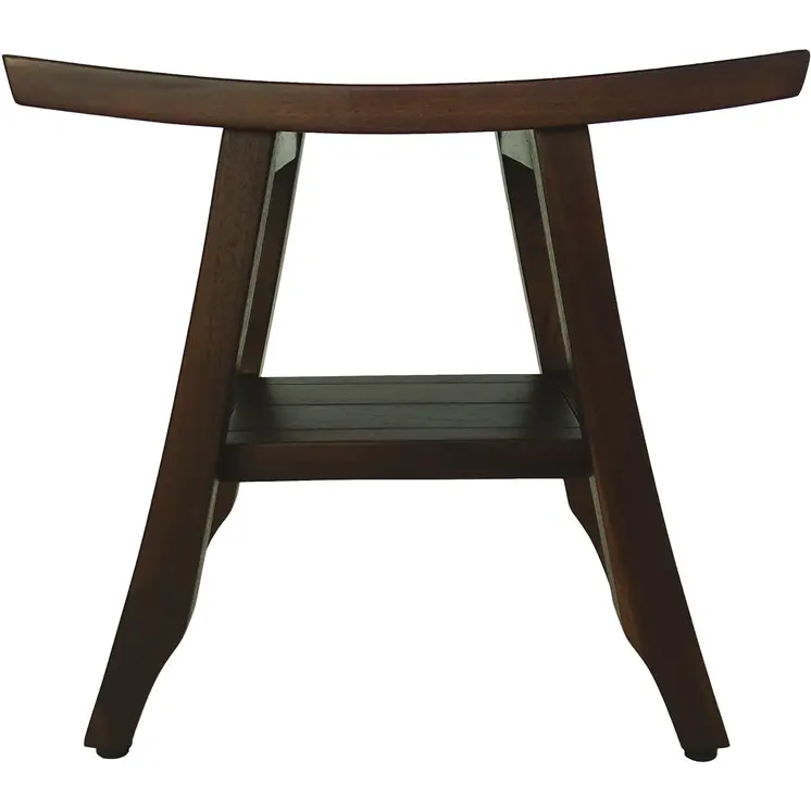 Compact Curvilinear Teak Shower Or Outdoor Bench With Shelf In Brown Finish