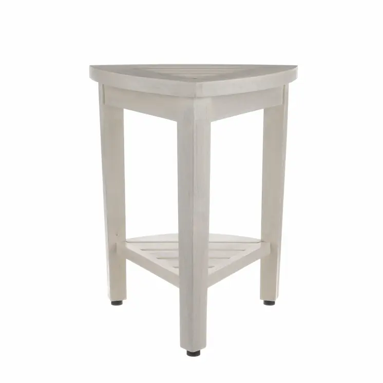 Compact Teak Corner Shower Stool With Shelf In Whitewash Finish