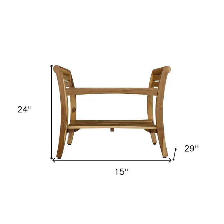Rectangular Teak Shower Bench With Shelf And Handles In Naturalfinish
