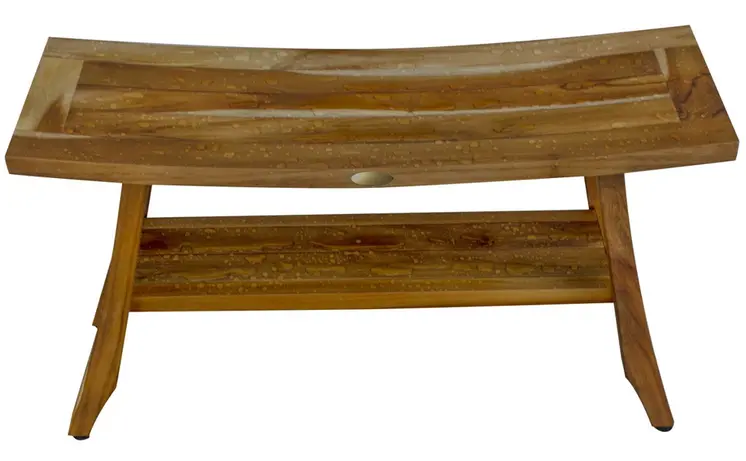 Compact Curvilinear Teak Shower Outdoor Bench With Shelf In Natural Finish