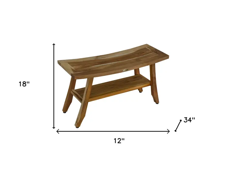 Compact Curvilinear Teak Shower Outdoor Bench With Shelf In Natural Finish