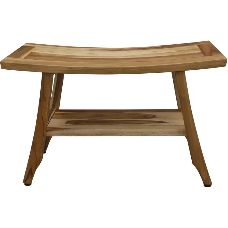28" Natural Solid Teak Rectangular Shower Bench With Shelf