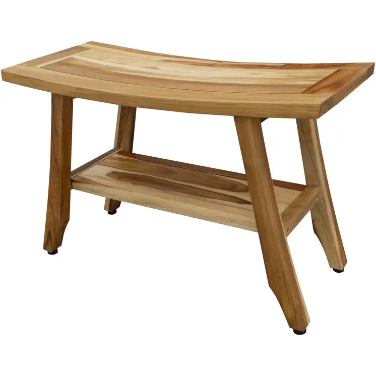 28" Natural Solid Teak Rectangular Shower Bench With Shelf