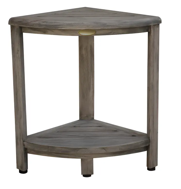 17" Gray Teak Corner Shower Bench With Shelf