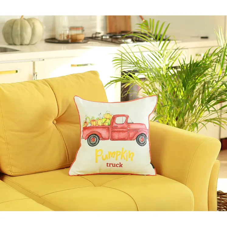 Set of Four 18" Orange Red And White Pumpkin Truck Fabric Throw Pillow Covers