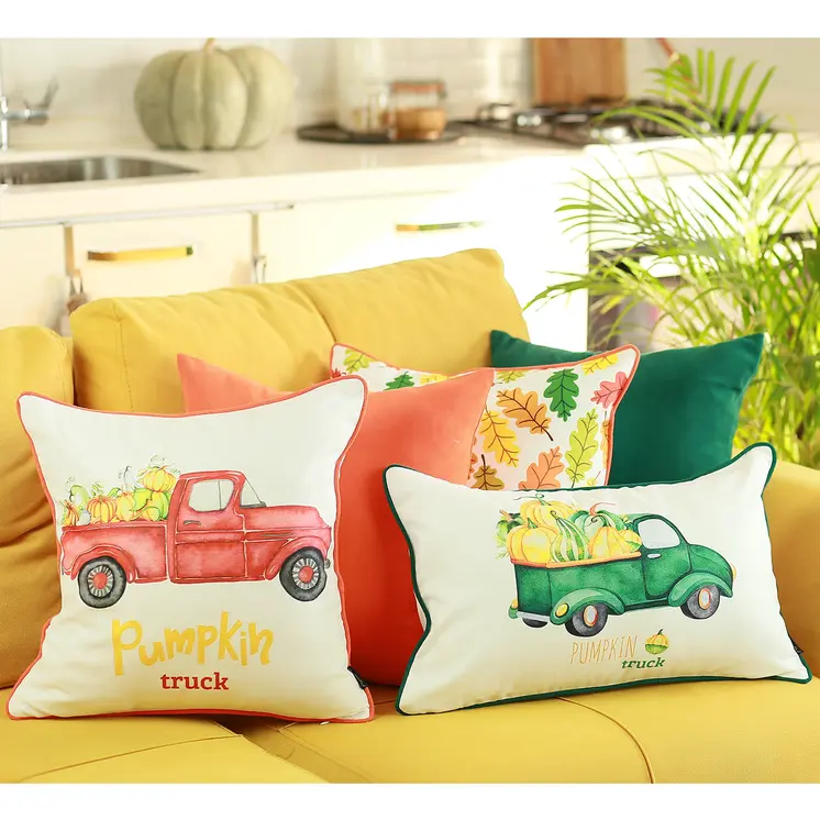 Set of Four 18" Orange Red And White Pumpkin Truck Fabric Throw Pillow Covers