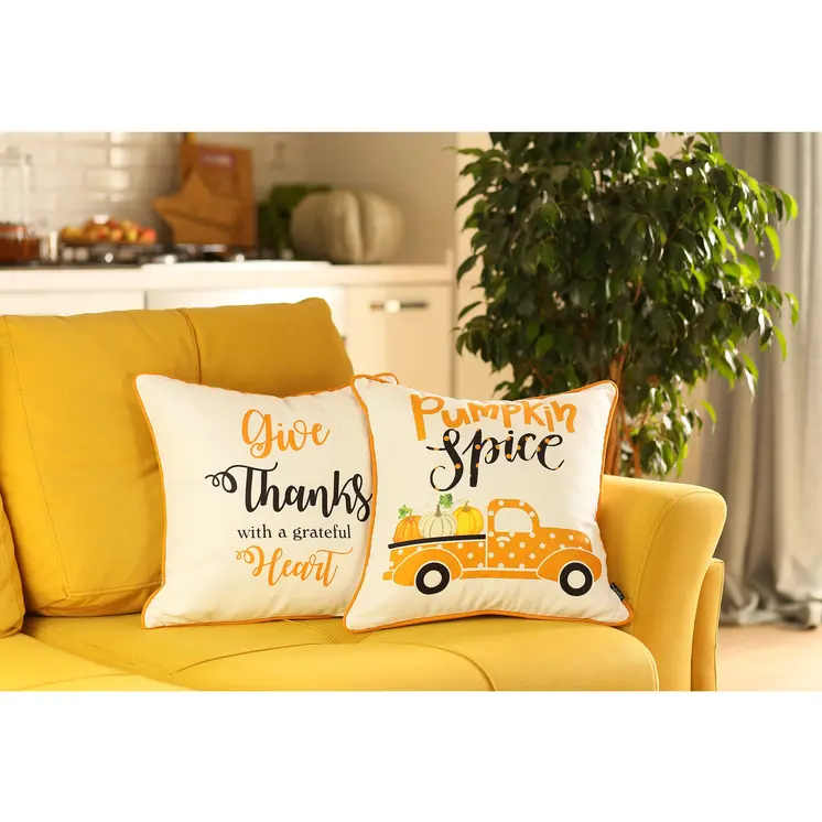 Set of Four 18" White Orange And Black Fabric Throw Pillow Covers