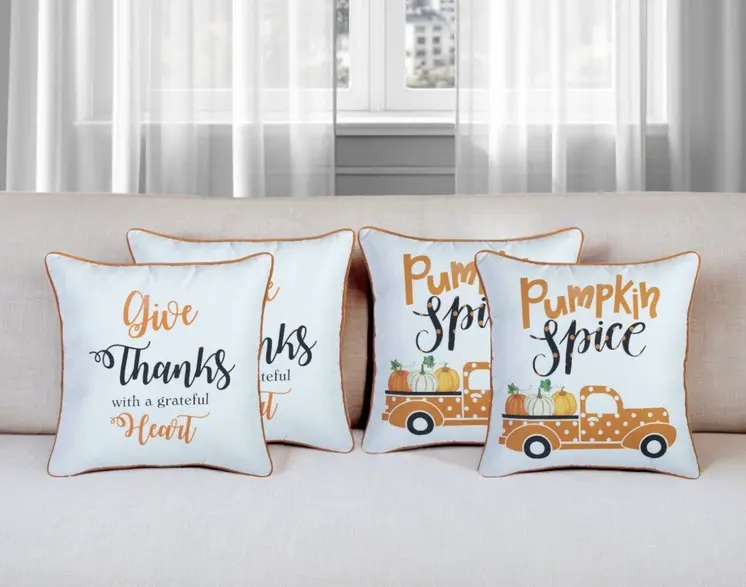 Set of Four 18" White Orange And Black Fabric Throw Pillow Covers
