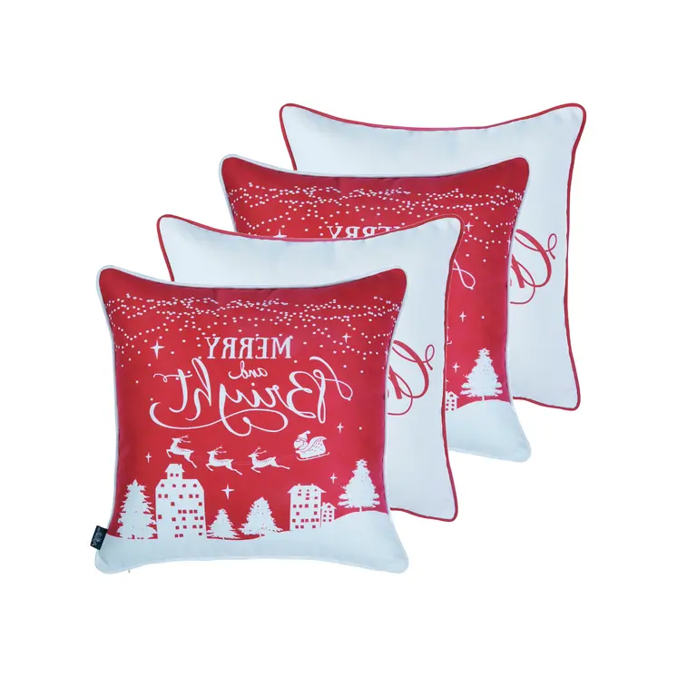 Set of Four 18" Red and White Fabrc Throw Pillow Covers