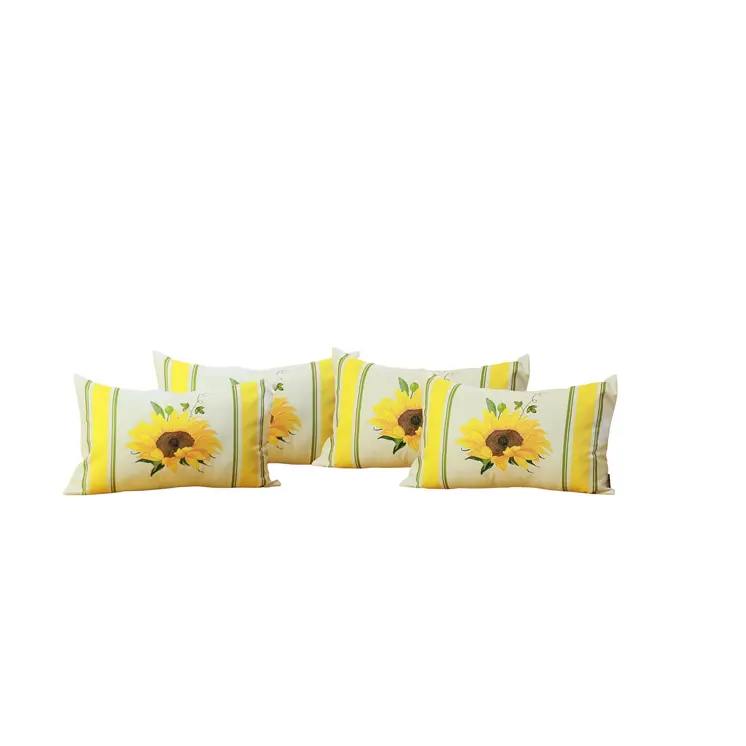 Set of Four 12" X 20" White And Yellow Pumpkin and Sunflowers Floral Fabric Lumbar Throw Pillow Covers