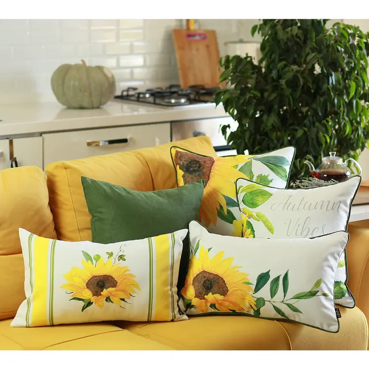 Set of Four 12" X 20" White And Yellow Pumpkin and Sunflowers Floral Fabric Lumbar Throw Pillow Covers