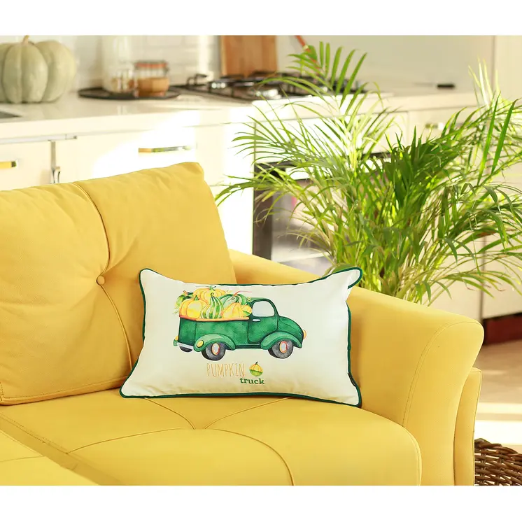 Set of Four 12" X 20" Green And White Fabric Lumbar Throw Pillow Covers