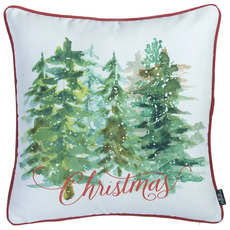 Set of Two 18" Green Red And White Christmas Christmas Trees Fabric Throw Pillow Covers