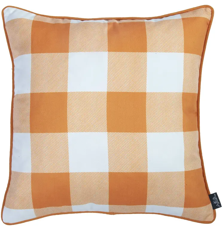 Set of Two 18" Orange And White Fall Plaid Fabric Throw Pillow Covers