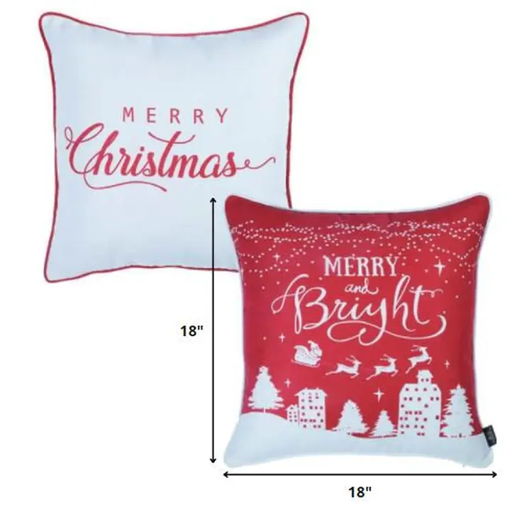 Set of Two 18" Red and White Fabrc Throw Pillow Covers