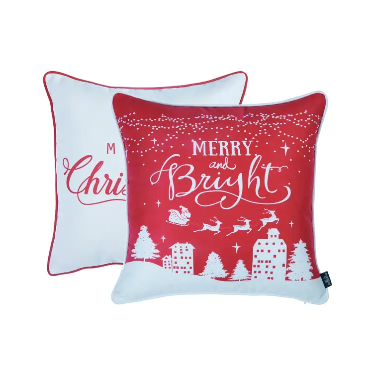 Set of Two 18" Red and White Fabrc Throw Pillow Covers