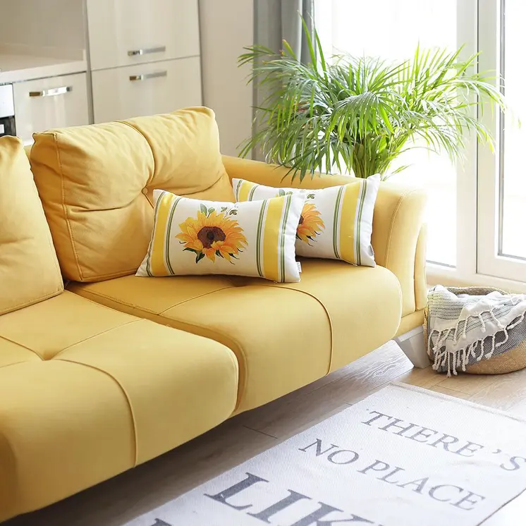 Set of Two 12" X 20" Yellow And White Fabric Lumbar Throw Pillow Covers