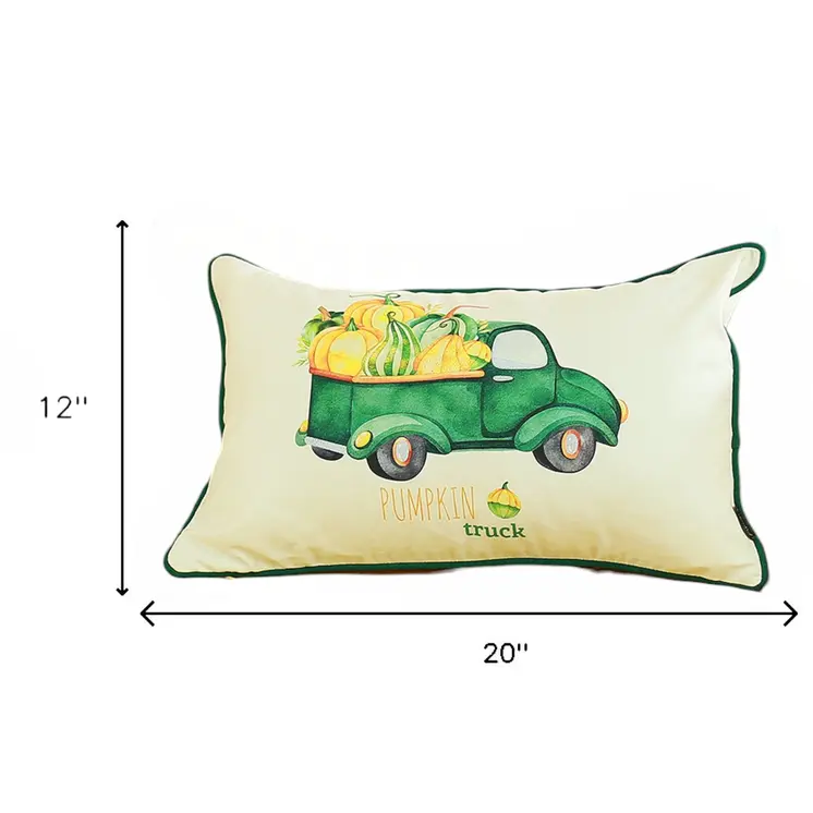 Set of Two 12" X 20" Green And White Pumpkin Truck Pumpkin Fabric Lumbar Throw Pillow Covers