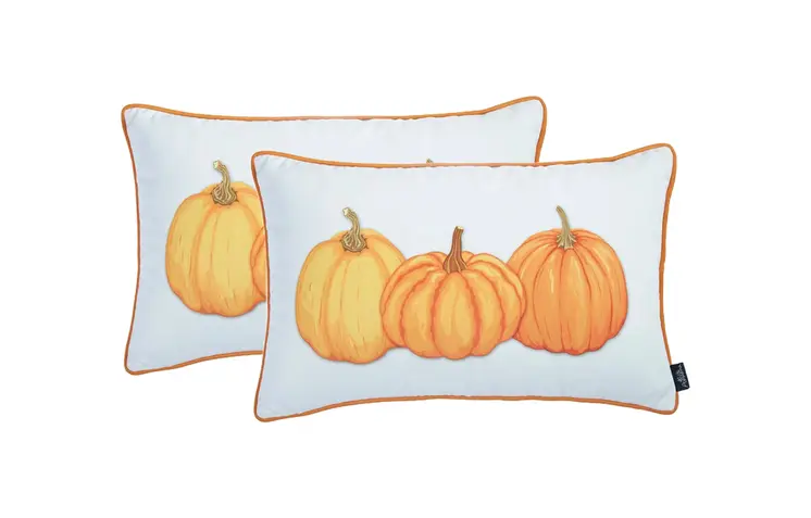 Set of Two 12" X 20" Yellow And White Fabric Lumbar Throw Pillow Covers