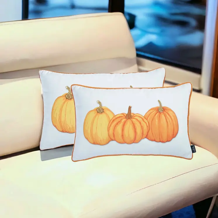 Set of Two 12" X 20" Yellow And White Fabric Lumbar Throw Pillow Covers
