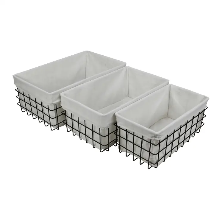 Set Of 3 Rectangular White Fabric Lined Metal Wire Baskets