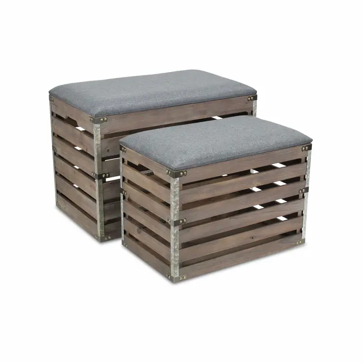 24" Gray and Brown Linen Upholstered Storage Bench with Flip Top