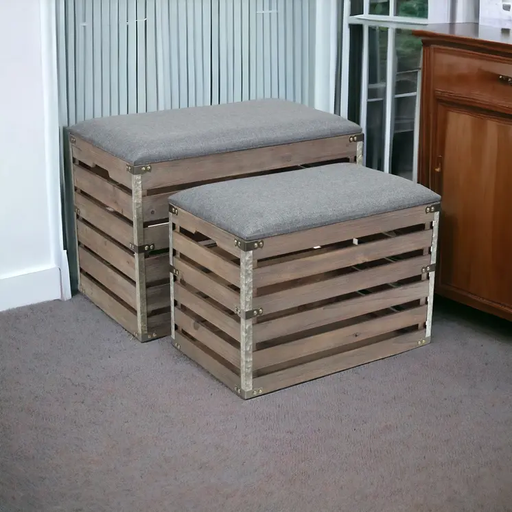24" Gray and Brown Linen Upholstered Storage Bench with Flip Top