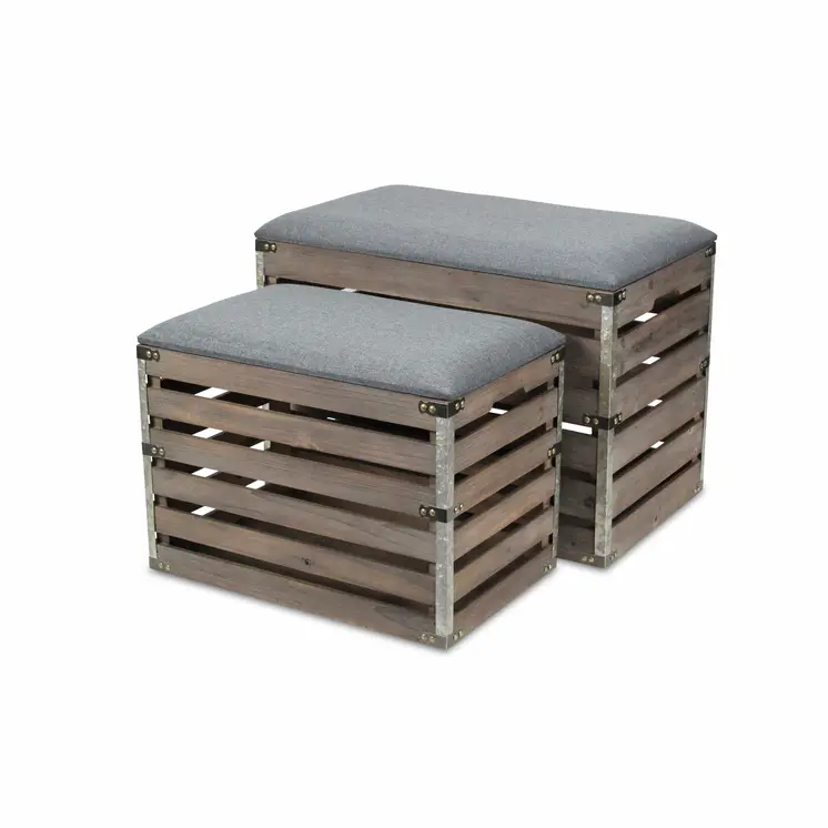 24" Gray and Brown Linen Upholstered Storage Bench with Flip Top