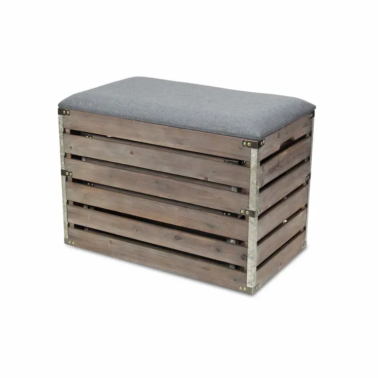 24" Gray and Brown Linen Upholstered Storage Bench with Flip Top