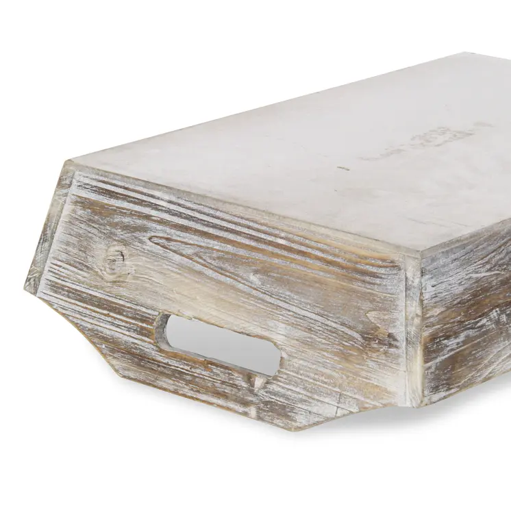White Rustic Finish Wood Serving Tray With Handles
