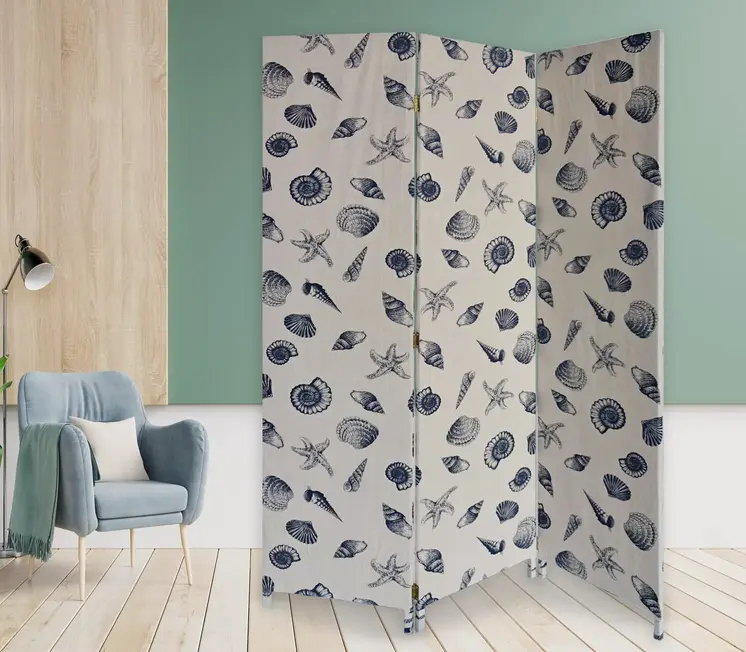 71" Blue and Beige Fabric Folding Three Panel Screen Room Divider