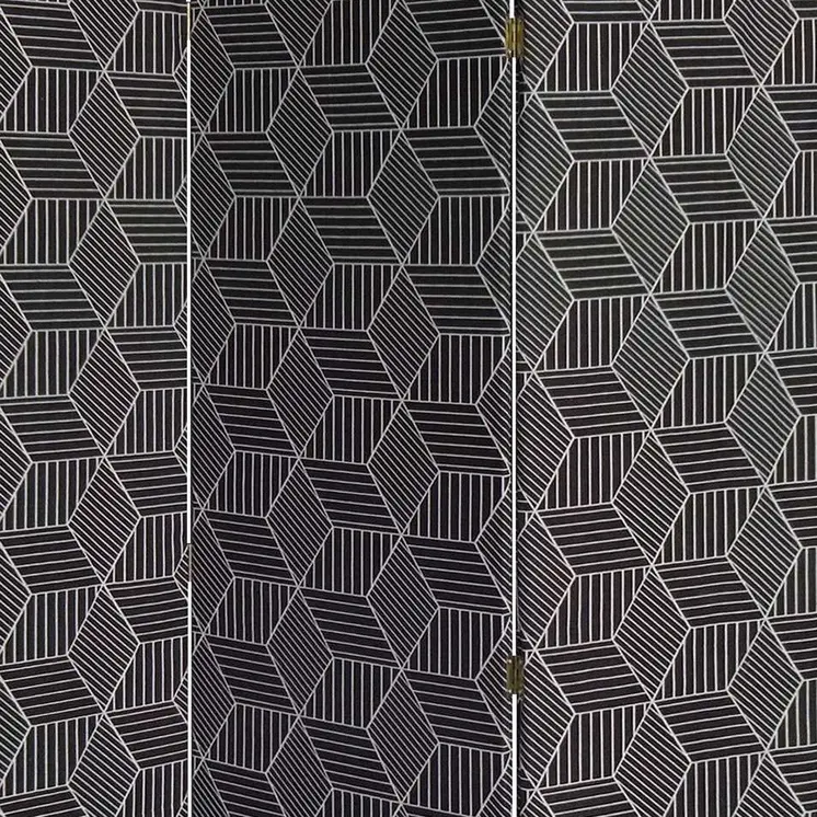 71" Black and White Fabric Folding Three Panel Screen Room Divider