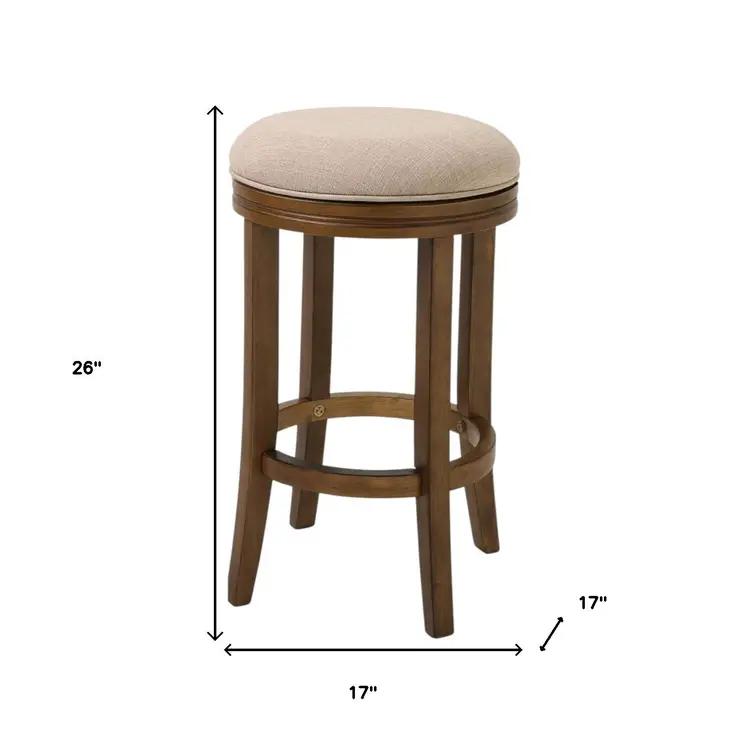 25" Cream and Brown Fabric and Solid Wood Backless Counter Height Swivel Bar Chair
